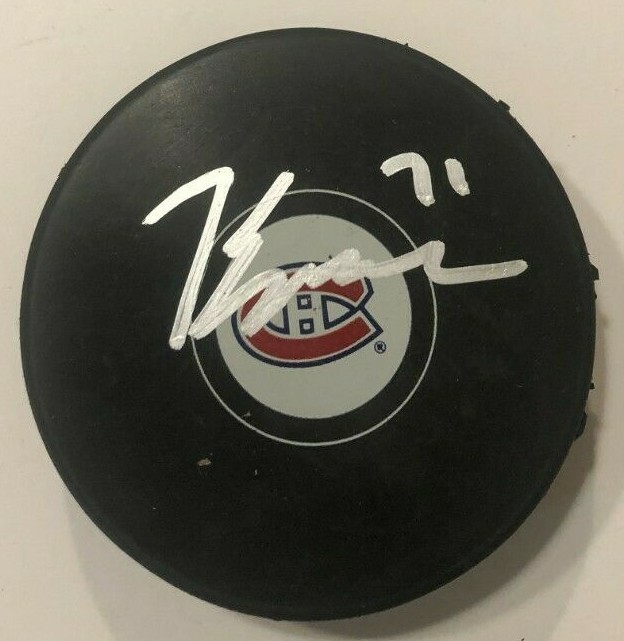 JAKE EVANS SIGNED MONTREAL CANADIENS HOCKEY PUCK W/ CASE COA