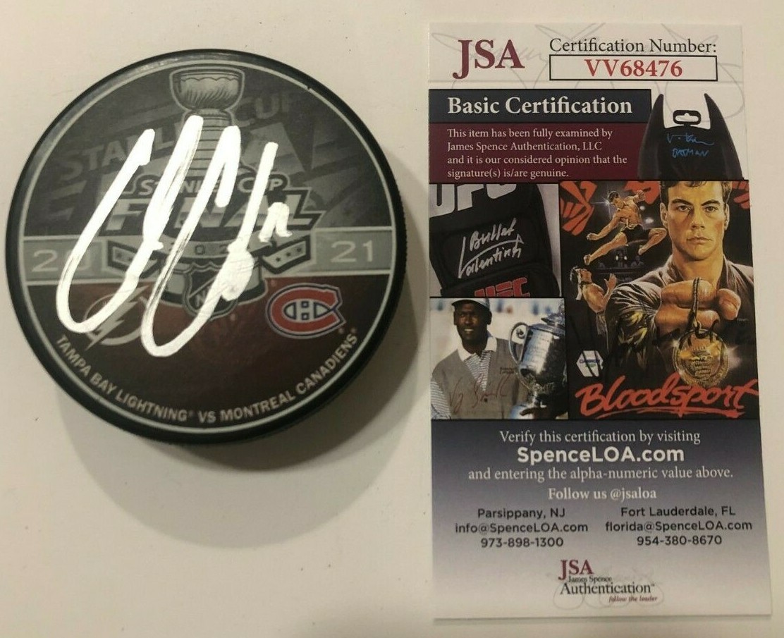 COLE CAUFIELD SIGNED 2021 STANLEY CUP PUCK W/ CASE MONTREAL CANADIENS JSA COA