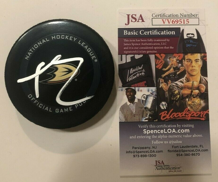 TREVOR ZEGRAS SIGNED ANAHEIM DUCKS OFFICIAL GAME HOCKEY PUCK W/ CASE JSA COA