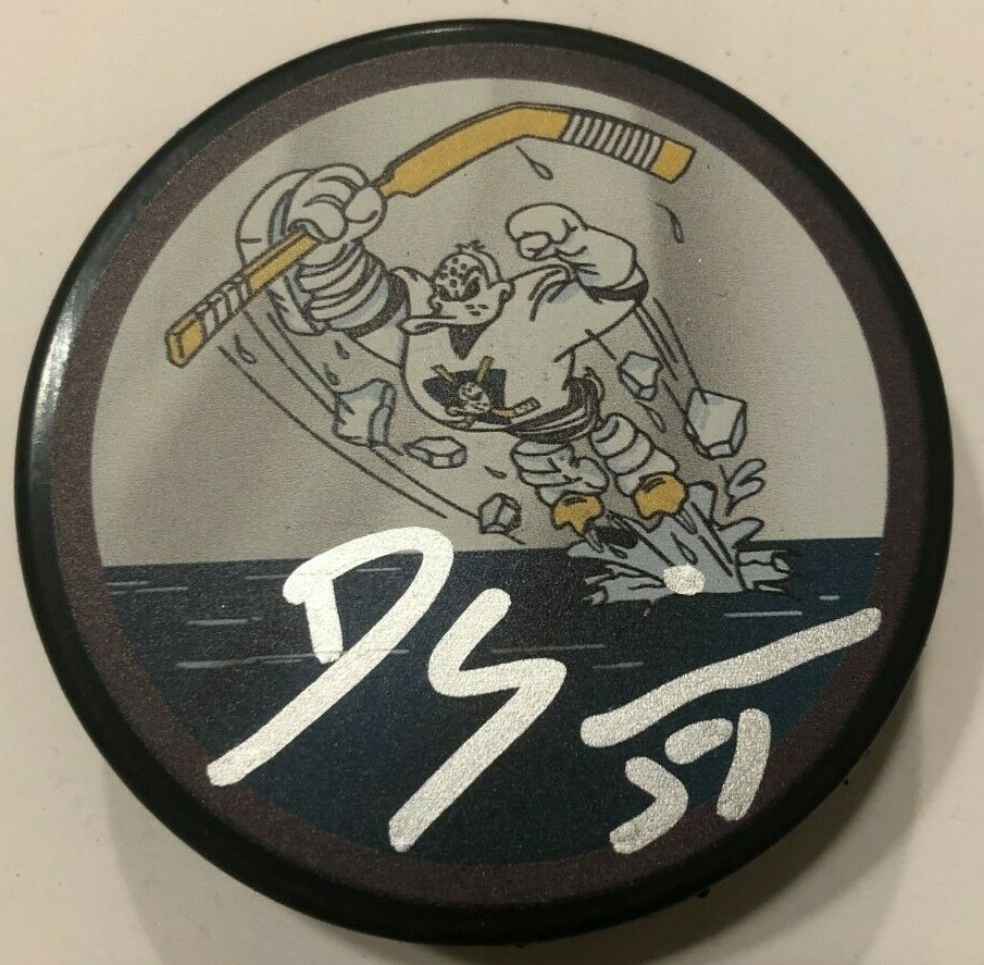 DOMINIK SIMON SIGNED ANAHEIM MIGHTY DUCKS RETRO HOCKEY PUCK W/ CASE COA