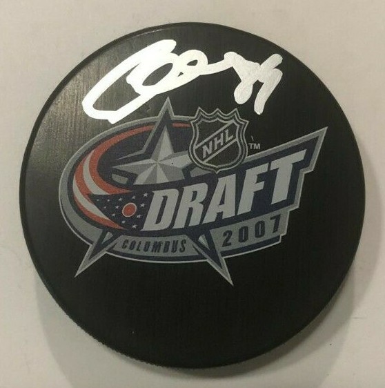 SAM GAGNER SIGNED 2007 NHL DRAFT HOCKEY PUCK W/ CASE EDMONTON OILERS COA