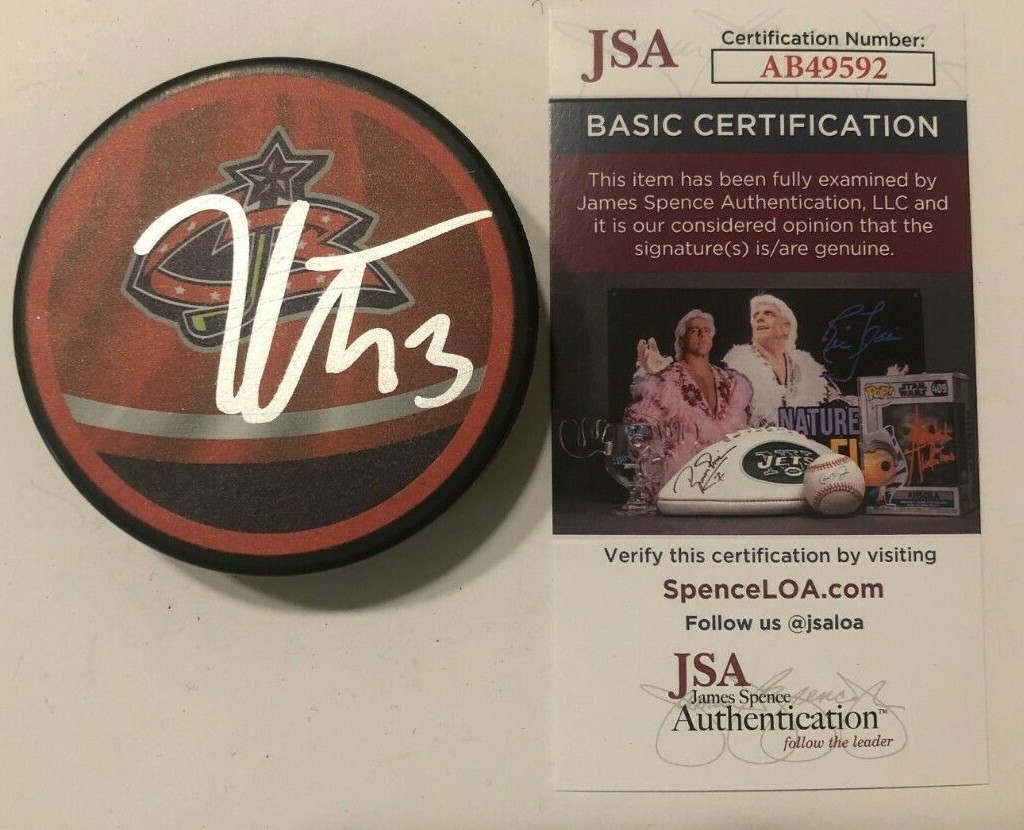 KENT JOHNSON SIGNED COLUMBUS BLUE JACKETS HOCKEY PUCK W/ CASE JSA COA