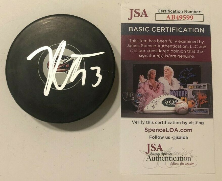 KENT JOHNSON SIGNED COLUMBUS BLUE JACKETS HOCKEY PUCK W/ CASE JSA COA