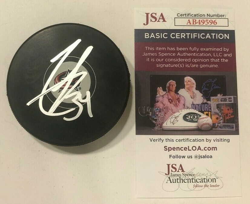COLE SILLINGER SIGNED COLUMBUS BLUE JACKETS HOCKEY PUCK W/ CASE JSA COA