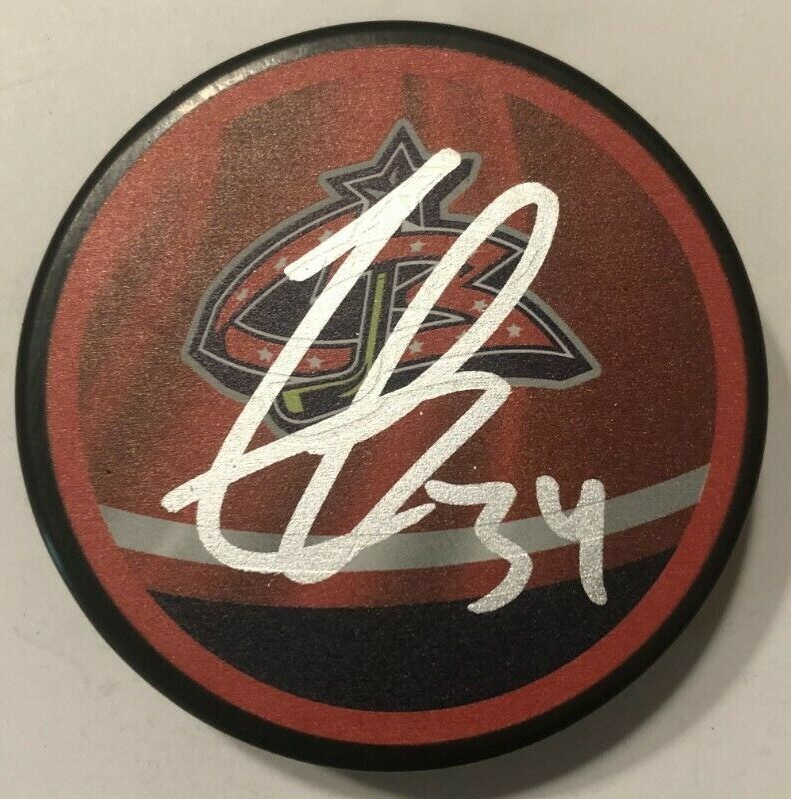 COLE SILLINGER SIGNED COLUMBUS BLUE JACKETS HOCKEY PUCK W/ CASE COA