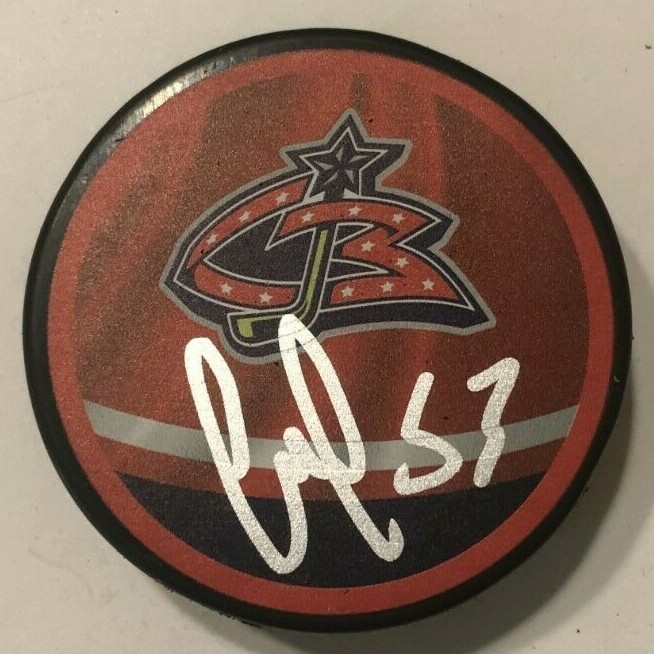 GABRIEL CARLSSON SIGNED COLUMBUS BLUE JACKETS HOCKEY PUCK W/ CASE COA