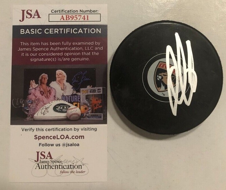 ALEKSANDER BARKOV SIGNED FLORIDA PANTHERS HOCKEY PUCK W/ CASE JSA COA