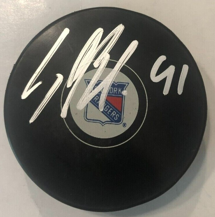 SAMMY BLAIS SIGNED NEW YORK RANGERS HOCKEY PUCK W/ CASE COA