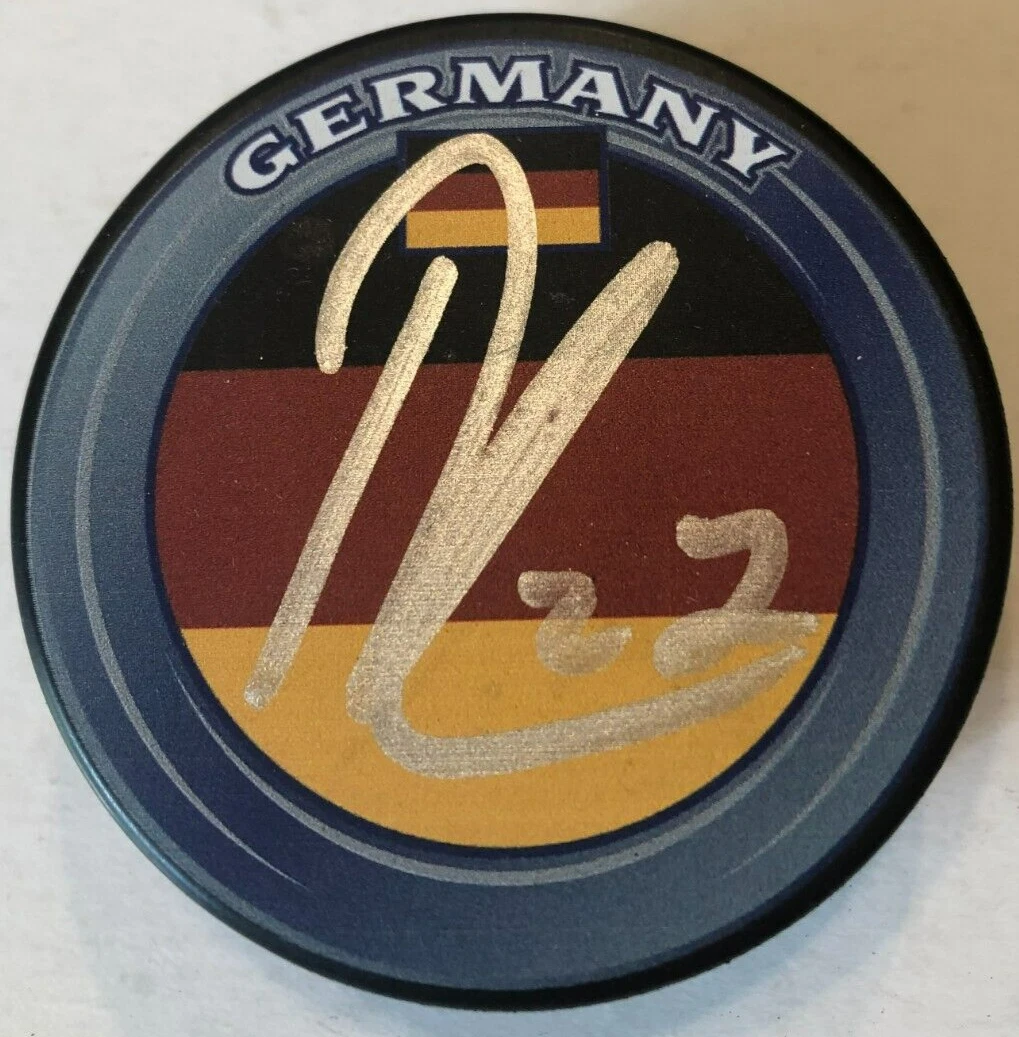 LUKAS REICHEL SIGNED GERMANY HOCKEY PUCK W/ CASE CHICAGO BLACKHAWKS COA