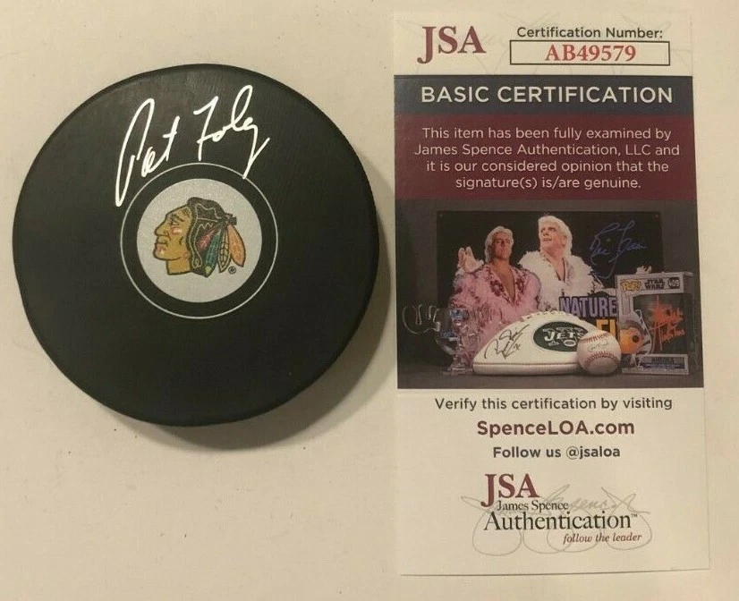 PAT FOLEY SIGNED CHICAGO BLACKHAWKS HOCKEY PUCK W/ CASE JSA COA