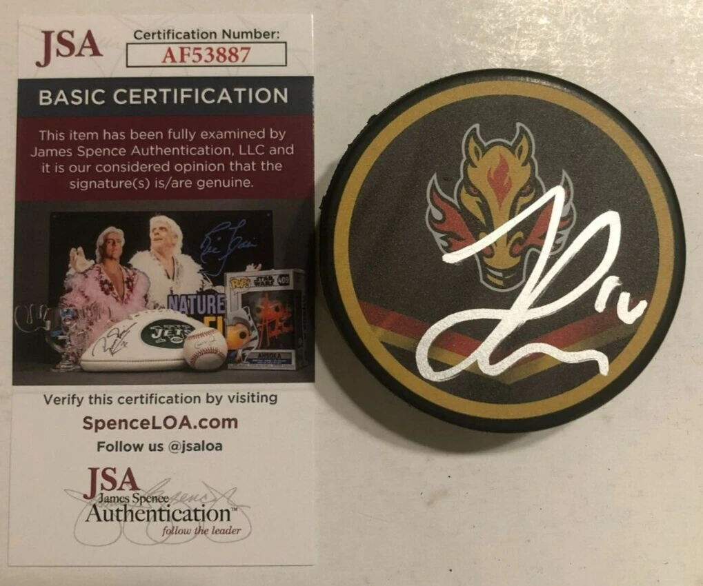 JONATHAN HUBERDEAU SIGNED AUTOGRAPHED CALGARY FLAMES HOCKEY PUCK W/ CASE JSA COA
