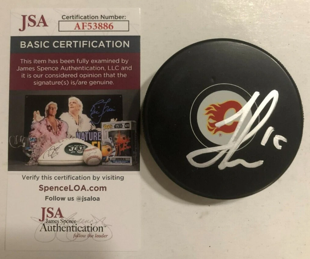 JONATHAN HUBERDEAU SIGNED AUTOGRAPHED CALGARY FLAMES HOCKEY PUCK W/ CASE JSA COA