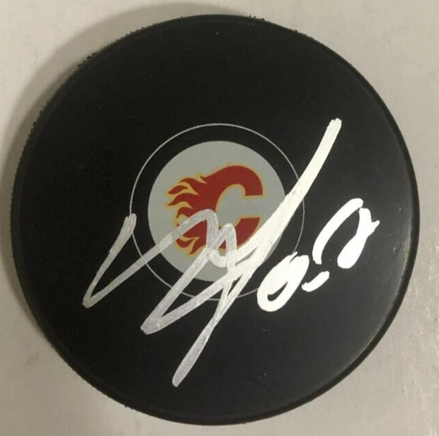 MACKENZIE WEEGAR SIGNED AUTOGRAPHED CALGARY FLAMES HOCKEY PUCK W/ CASE COA