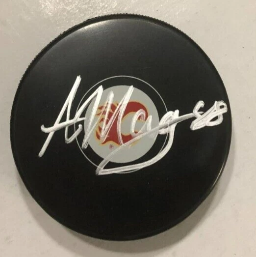 ANDREW MANGIAPANE SIGNED AUTOGRAPHED CALGARY FLAMES HOCKEY PUCK W/ CASE COA