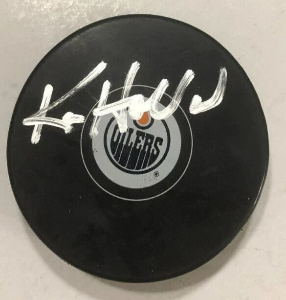 KEN HOLLAND SIGNED AUTOGRAPHED EDMONTON OILERS HOCKEY PUCK W/ CASE COA