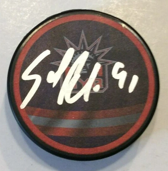 SAMMY BLAIS SIGNED NEW YORK RANGERS HOCKEY PUCK W/ CASE COA