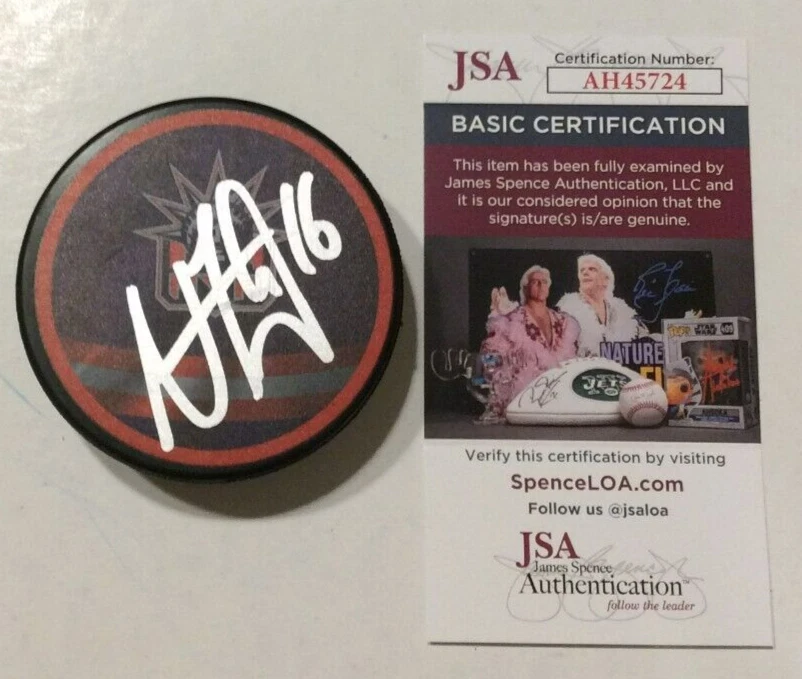 VINCENT TROCHECK SIGNED NEW YORK RANGERS HOCKEY PUCK W/ CASE JSA COA