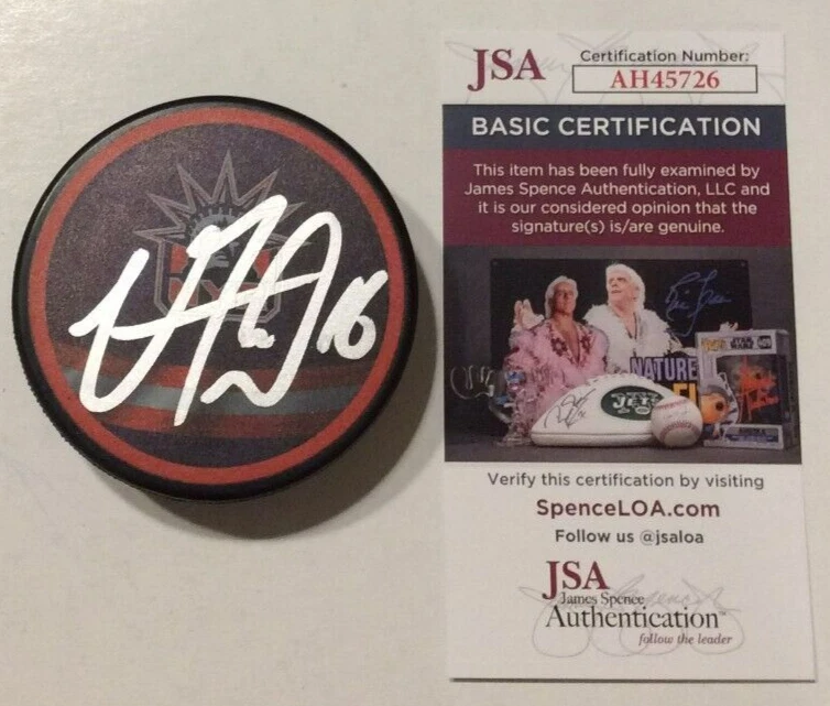 VINCENT TROCHECK SIGNED NEW YORK RANGERS HOCKEY PUCK W/ CASE JSA COA