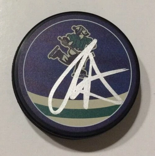 TYLER MYERS  SIGNED VANCOUVER CANUCKS REVERSE RETRO HOCKEY PUCK W/ CASE COA