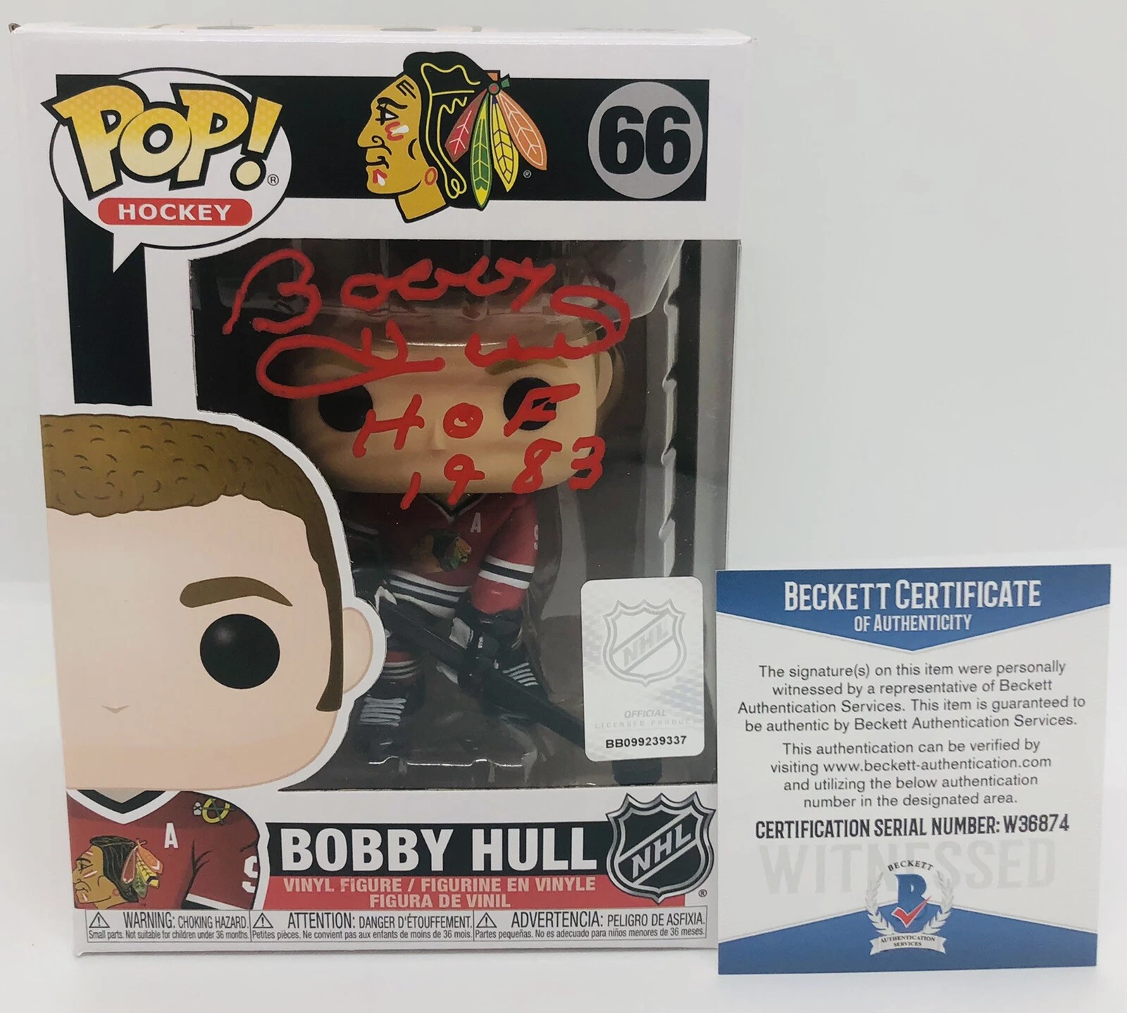 BOBBY HULL SIGNED POP FUNKO FIGURE NHL LEGEND CHICAGO BLACKHAWKS PROOF BAS COA