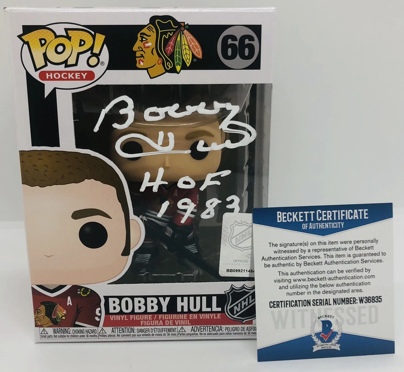 BOBBY HULL SIGNED POP FUNKO FIGURE NHL LEGEND CHICAGO BLACKHAWKS PROOF BAS COA