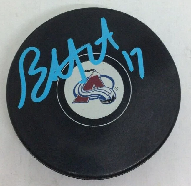 BRAD HUNT SIGNED AUTOGRAPHED COLORADO AVALANCHE HOCKEY PUCK W CASE COA