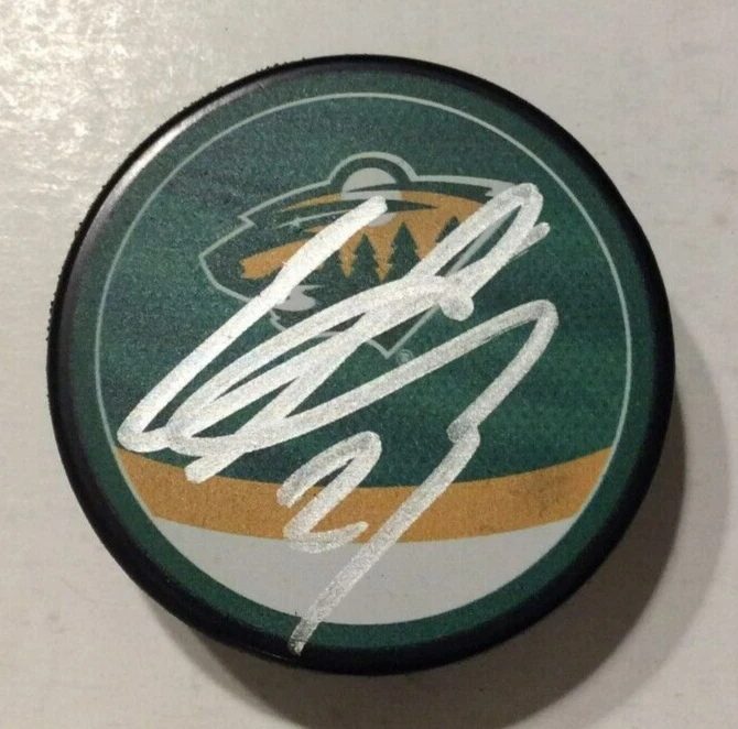 CALEN ADDISON SIGNED AUTOGRAPHED MINNESOTA WILD HOCKEY PUCK W/ CASE COA