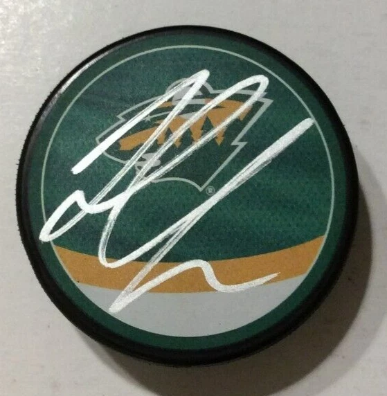 JORDAN GREENWAY SIGNED AUTOGRAPHED MINNESOTA WILD HOCKEY PUCK W/ CASE COA