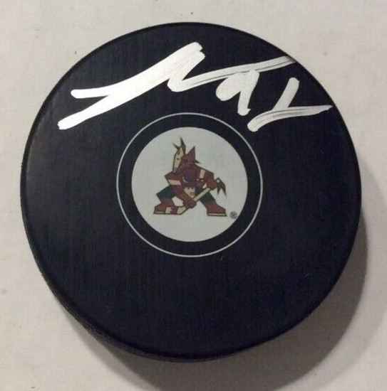 LOGAN COOLEY SIGNED ARIZONA COYOTES HOCKEY PUCK W/ CASE COA