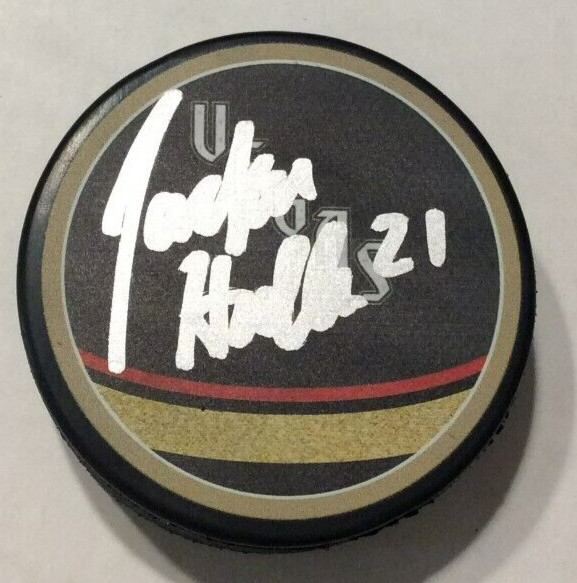 JACKSON HALLUM SIGNED VEGAS GOLDEN KNIGHTS HOCKEY PUCK W/ CASE COA