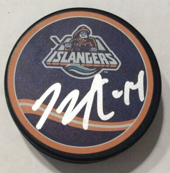 JG JEAN-GABRIEL PAGEAU SIGNED NEW YORK ISLANDERS HOCKEY PUCK W/ CASE COA