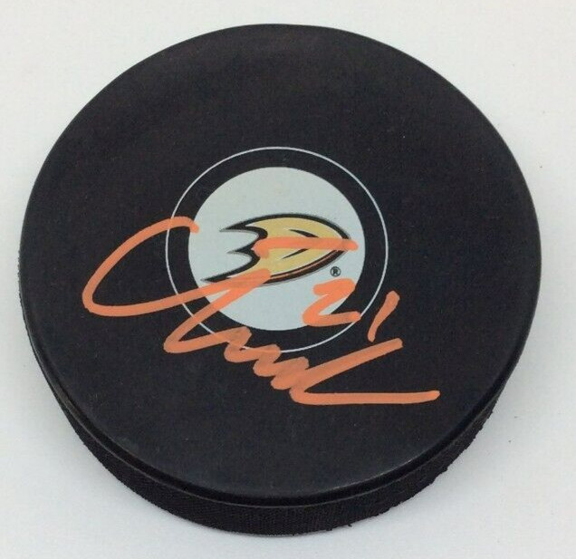 ISAC LUNDESTROM SIGNED ANAHEIM DUCKS HOCKEY PUCK W/ CASE COA