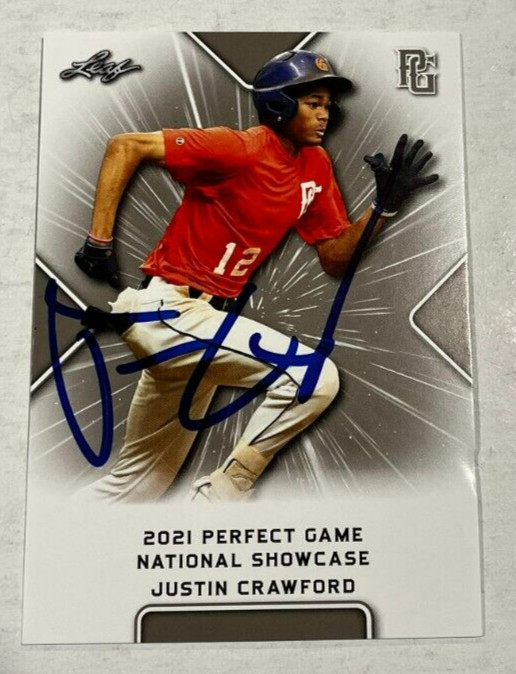 JUSTIN CRAWFORD SIGNED 2021 PERFECT GAME NATIONAL SHOWCASE ROOKIE CARD AUTO