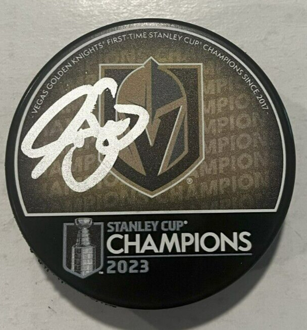 SEAN BURKE SIGNED 2023 VEGAS GOLDEN KNIGHTS STANLEY CUP PUCK W/ CASE COA