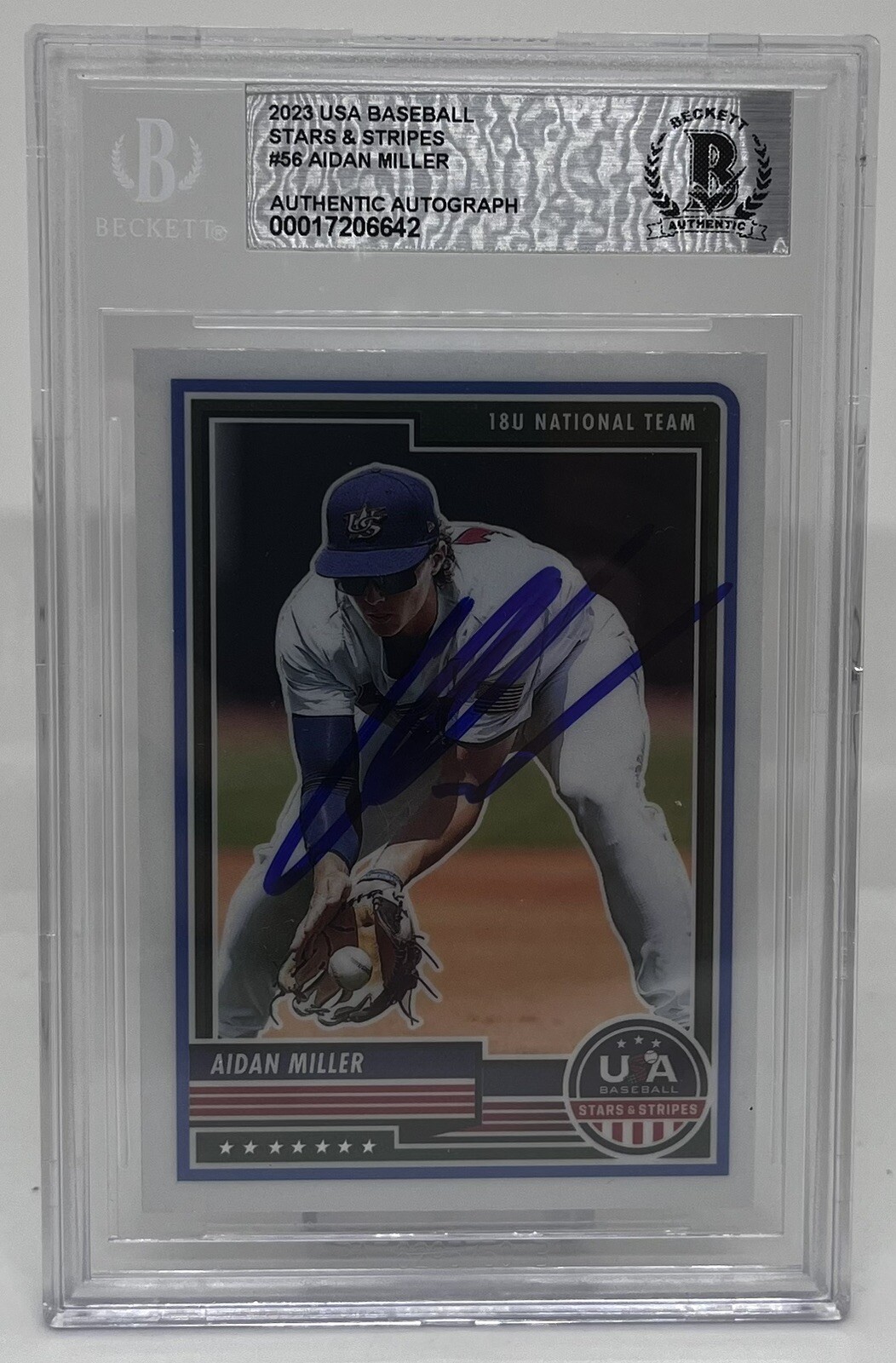 AIDAN MILLER SIGNED 2023 USA BASEBALL STARS & STRIPES CARD BECKETT BAS AUTO