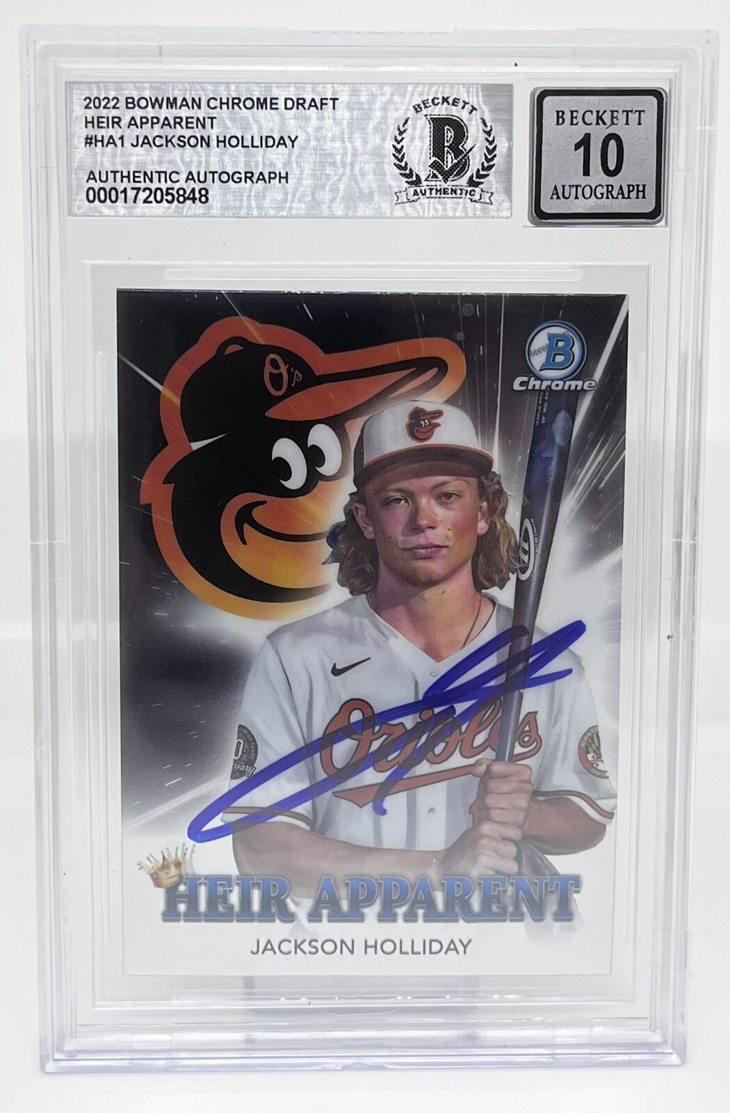 JACKSON HOLLIDAY SIGNED 2022 BOWMAN CHROME DRAFT ROOKIE CARD BECKETT BAS 10 AUTO