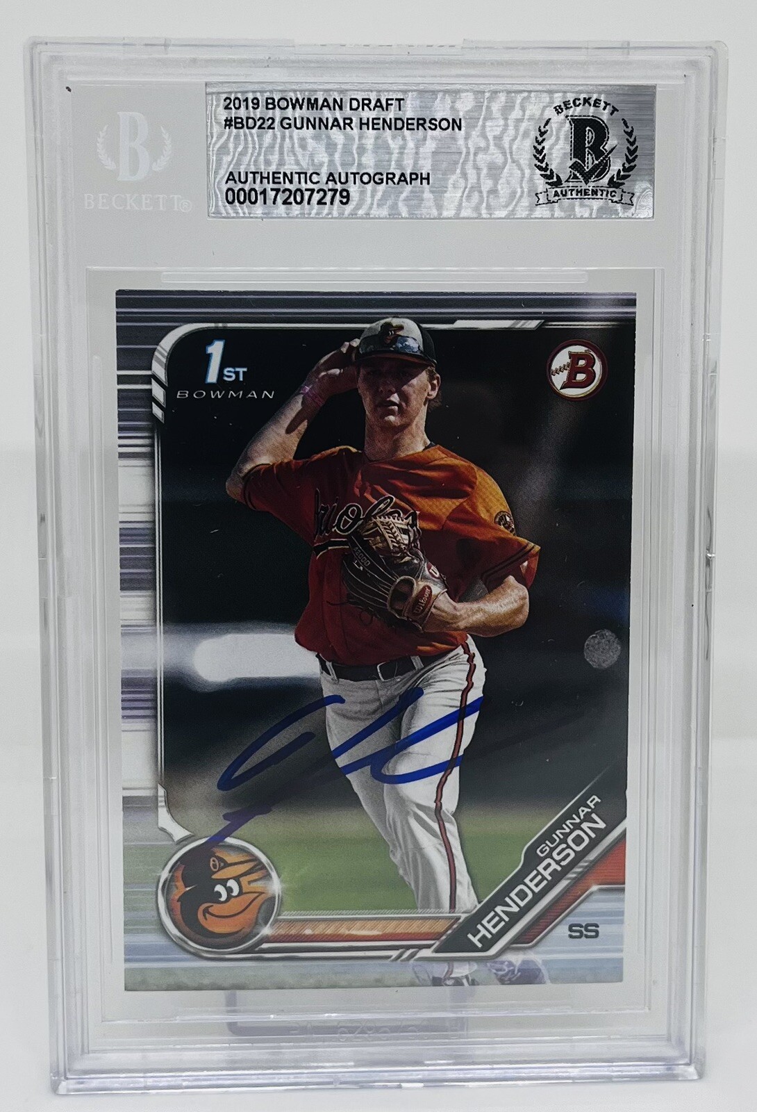 GUNNAR HENDERSON SIGNED 2019 BOWMAN DRAFT ROOKIE CARD BECKETT BAS AUTO