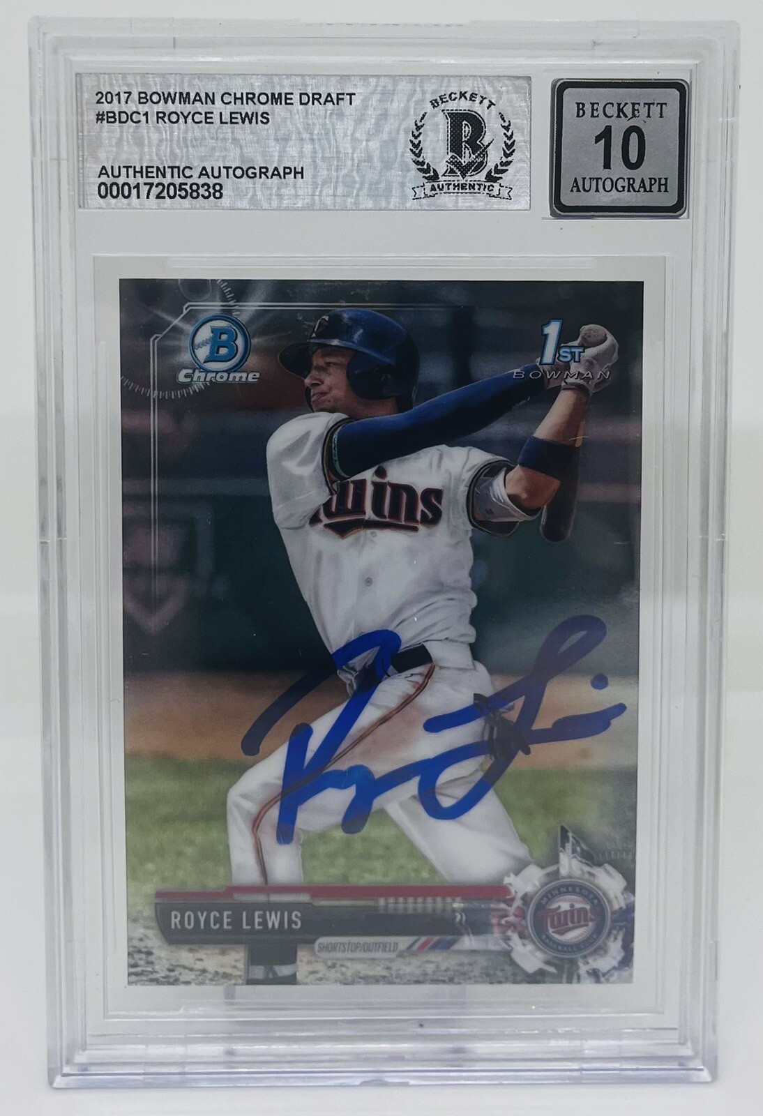 ROYCE LEWIS SIGNED 2017 BOWMAN CHROME DRAFT ROOKIE CARD BECKETT BAS 10 AUTO