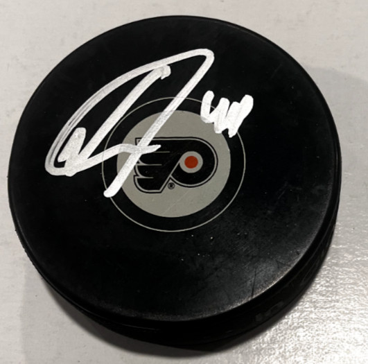 NICOLAS DESLAURIERS SIGNED PHILADELPHIA FLYERS HOCKEY PUCK W/ CASE COA