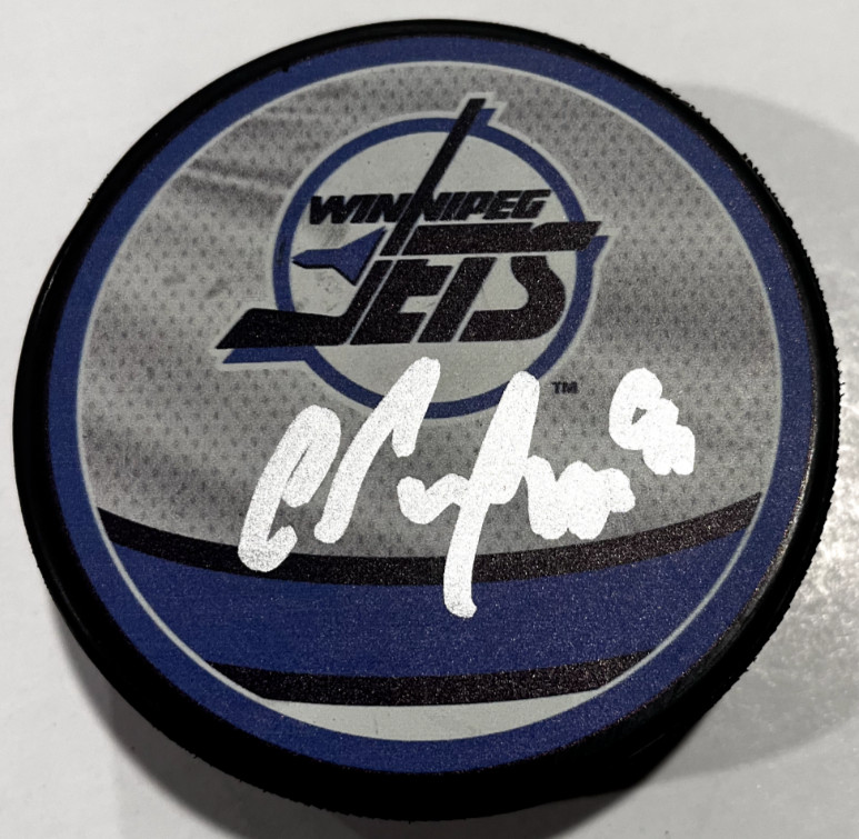 COLE PERFETTI SIGNED WINNIPEG JETS HOCKEY PUCK W/ CASE COA
