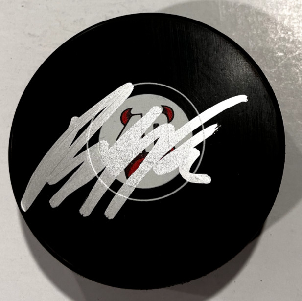 JESPER BRATT SIGNED NEW JERSEY DEVILS HOCKEY PUCK W/ CASE COA