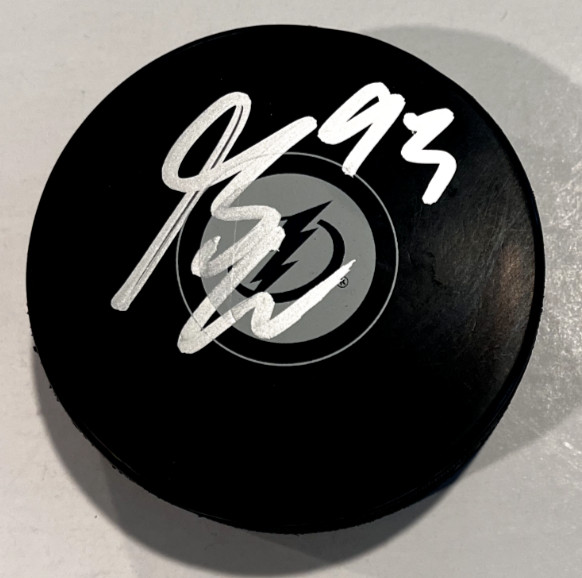 GAGE GONCALVES SIGNED TAMPA BAY LIGHTNING HOCKEY PUCK W/ CASE COA