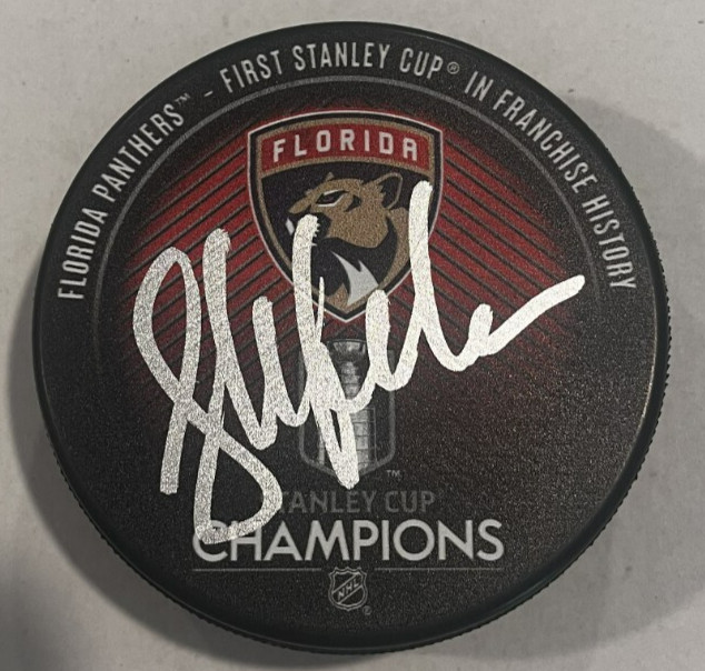 SYLVAIN LEFEBVRE SIGNED FLORIDA PANTHERS 2024 STANLEY CUP HOCKEY PUCK W CASE COA