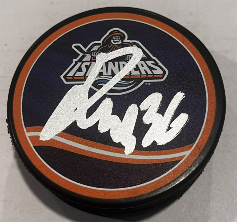 ISAIAH GEORGE SIGNED NEW YORK ISLANDERS HOCKEY PUCK W/ CASE COA