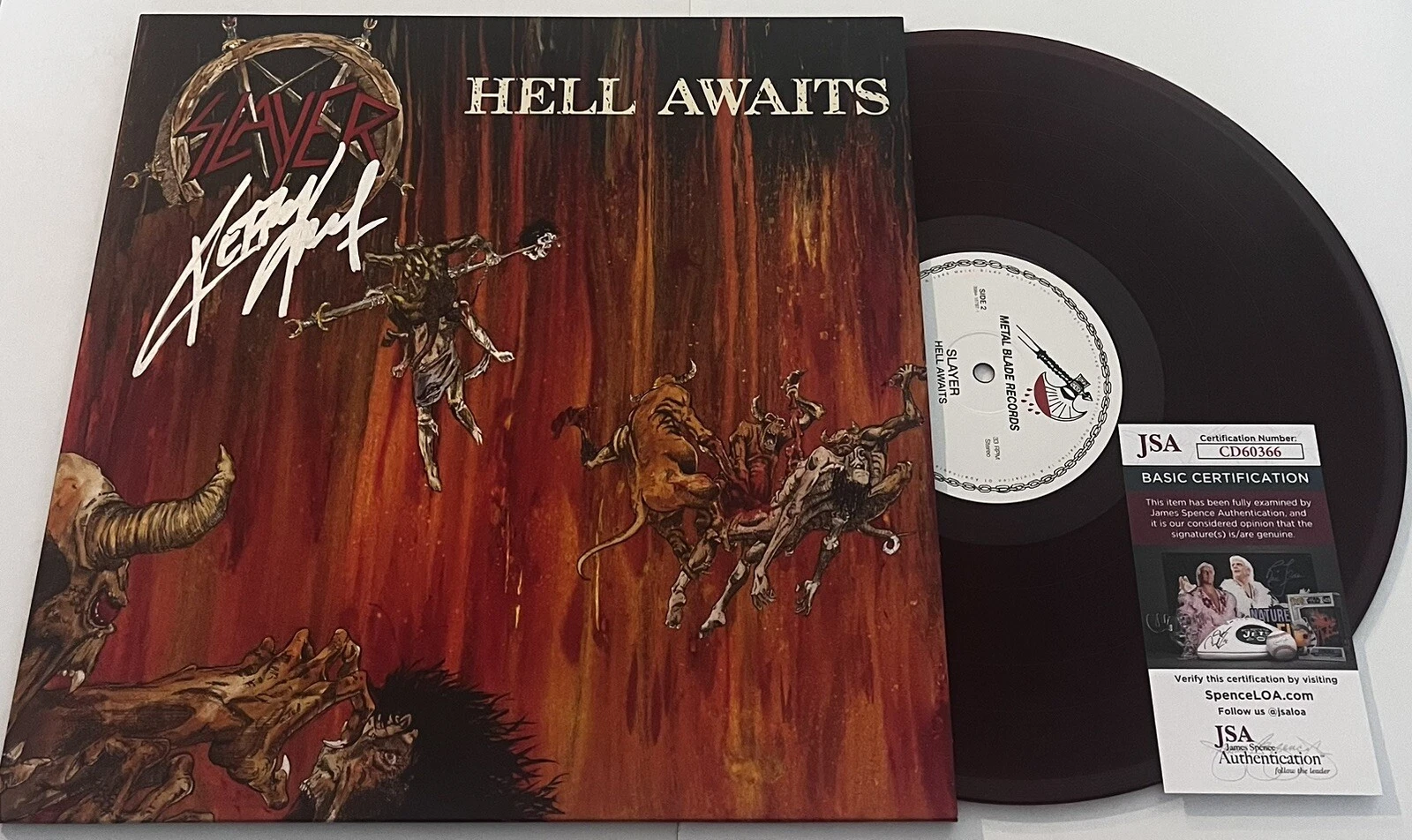 SLAYER BAND KERRY KING SIGNED HELL AWAITS LP RED VINYL RECORD ALBUM JSA COA