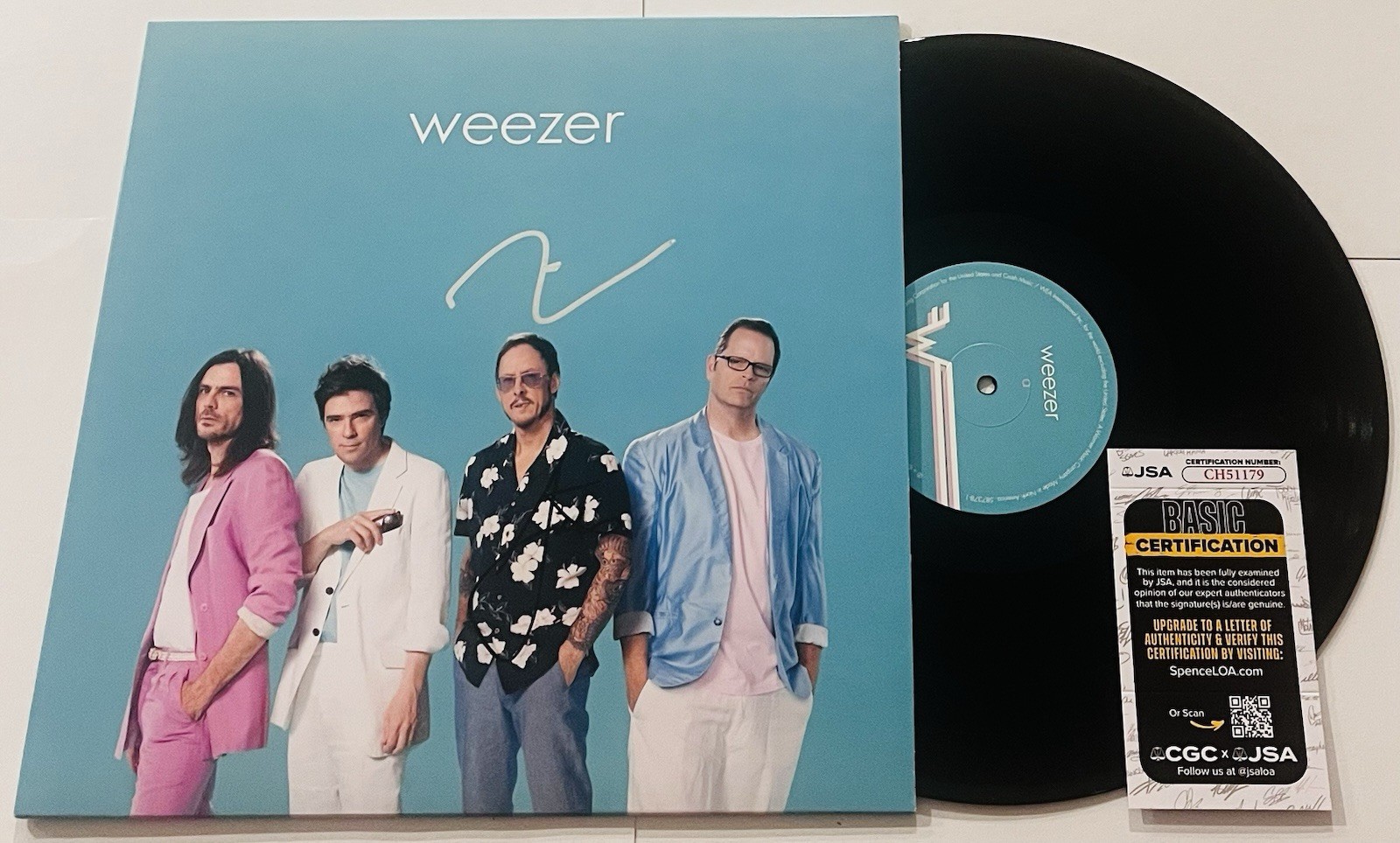 WEEZER BAND SIGNED TEAL ALBUM LP VINYL RECORD RIVERS CUOMO SCOTT SHRINER JSA COA