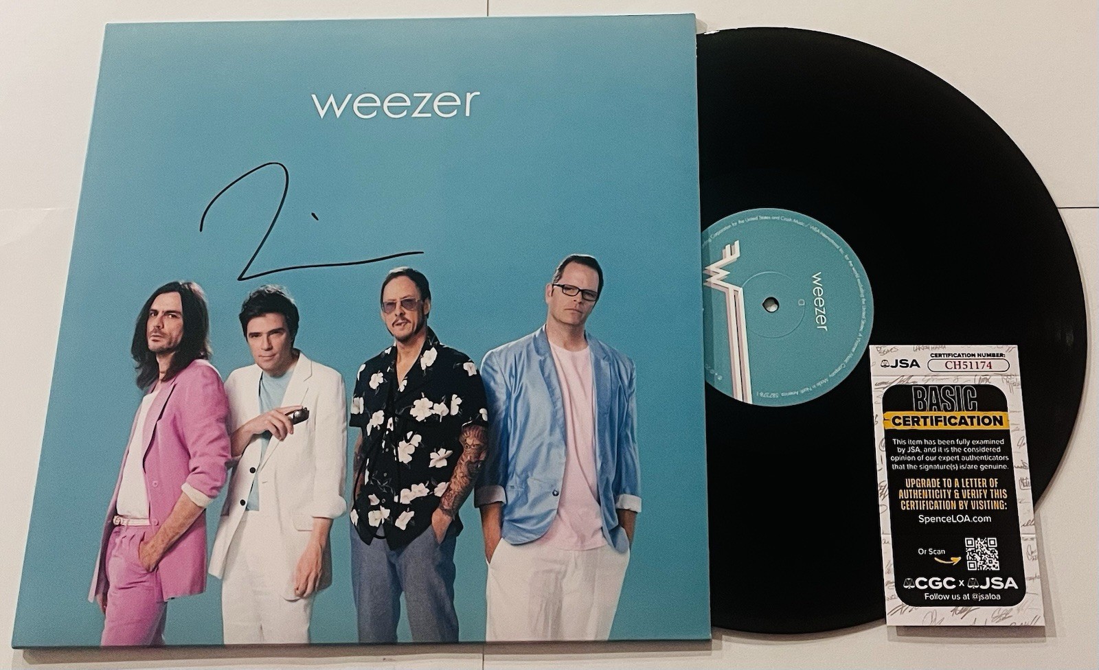 WEEZER BAND SIGNED TEAL ALBUM LP VINYL RECORD RIVERS CUOMO SCOTT SHRINER JSA COA
