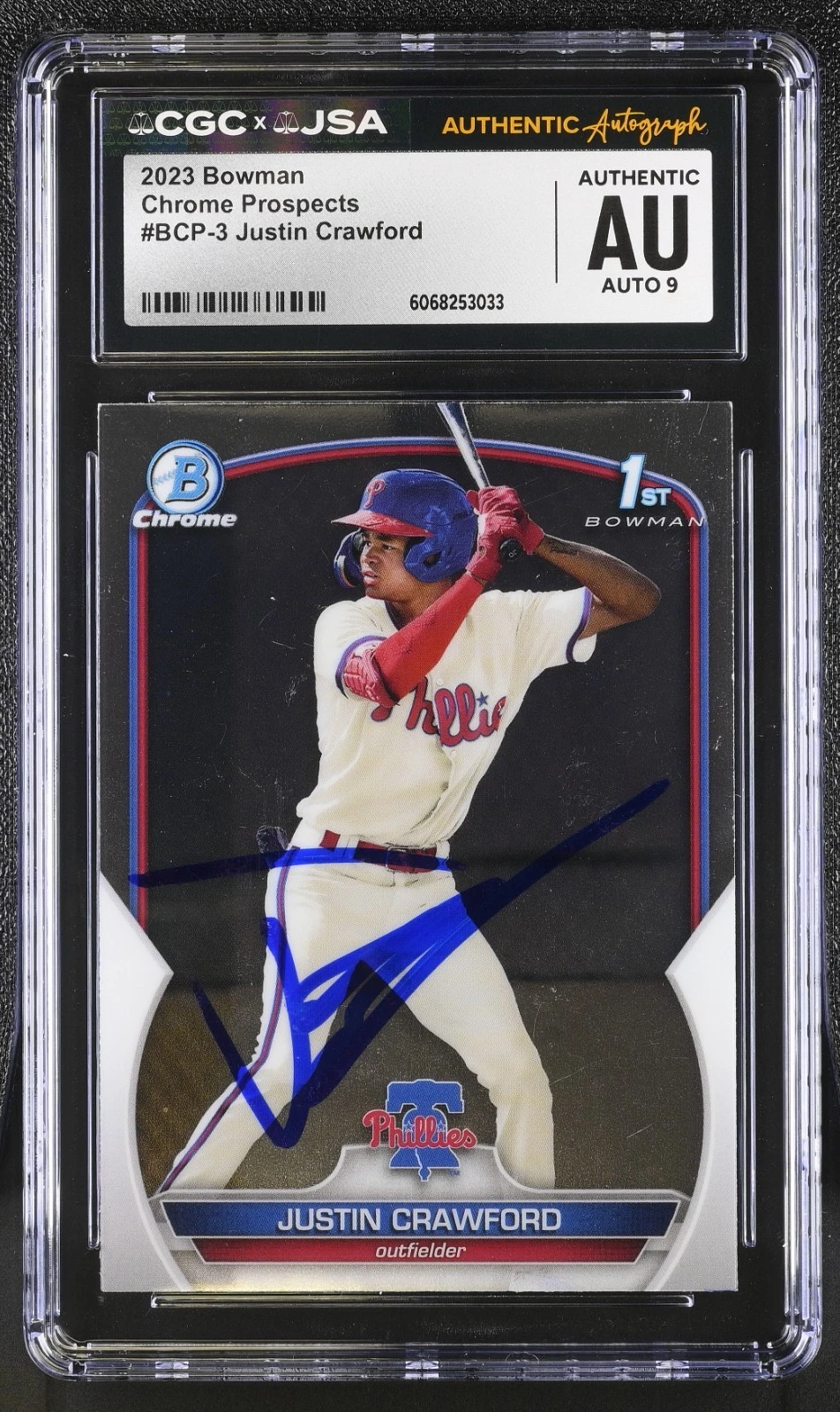 JUSTIN CRAWFORD SIGNED 2023 BOWMAN CHROME PROSPECT CARD #BCP-3 CGC AU JSA 9 AUTO