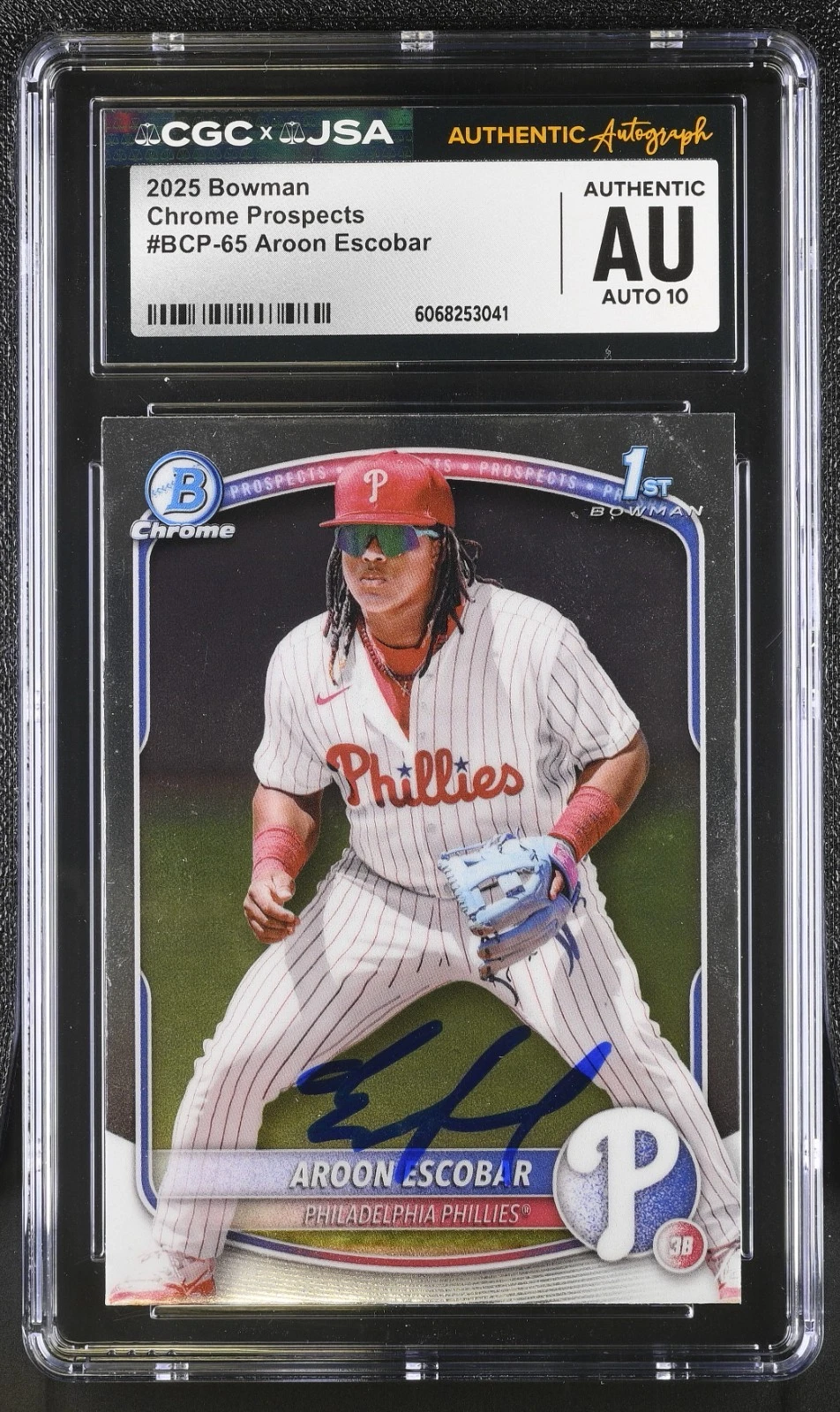 AROON ESCOBAR SIGNED 2025 BOWMAN CHROME PROSPECT CARD #BCP-65 CGC AU JSA 10 AUTO