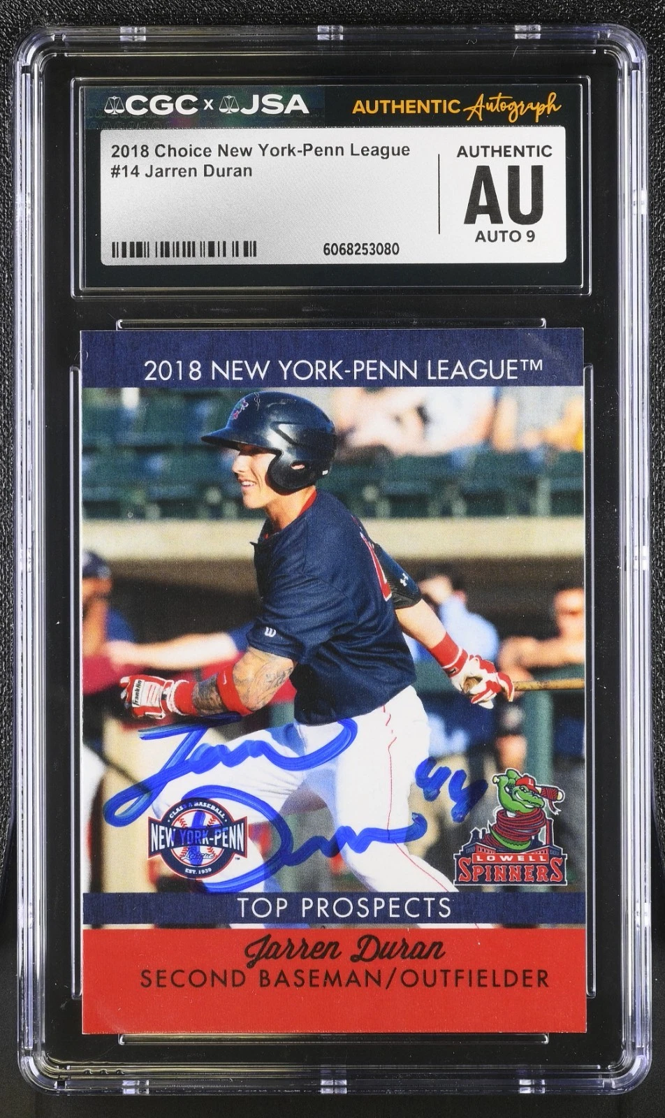 JARREN DURAN SIGNED 2018 CHOICE NEW YORK-PENN LEAGUE CARD #14 CGC AU JSA 9 AUTO